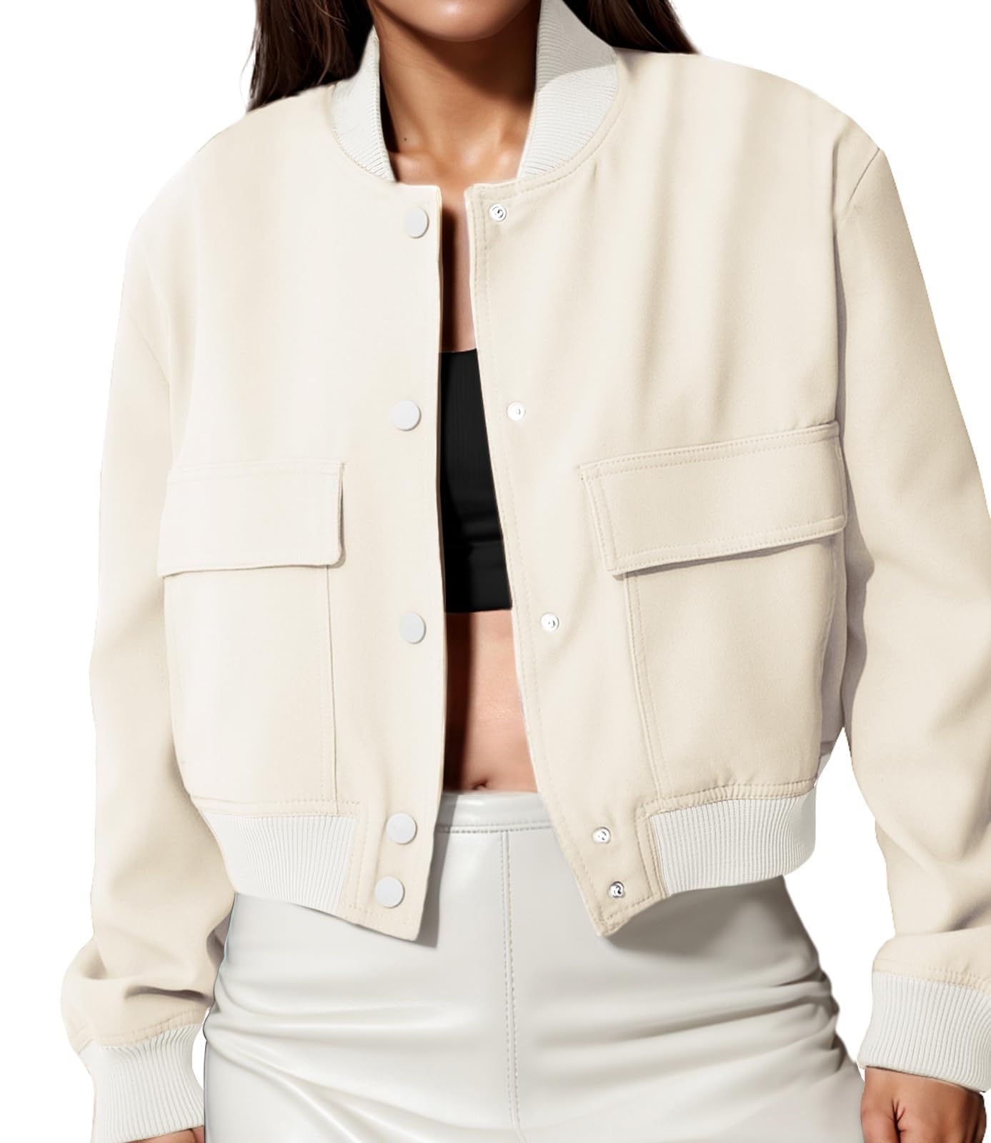 Modegal Women's Spring Varsity Bomber Jackets Long Sleeve Cropped Button Down Casual Coat with Pockets Outwear