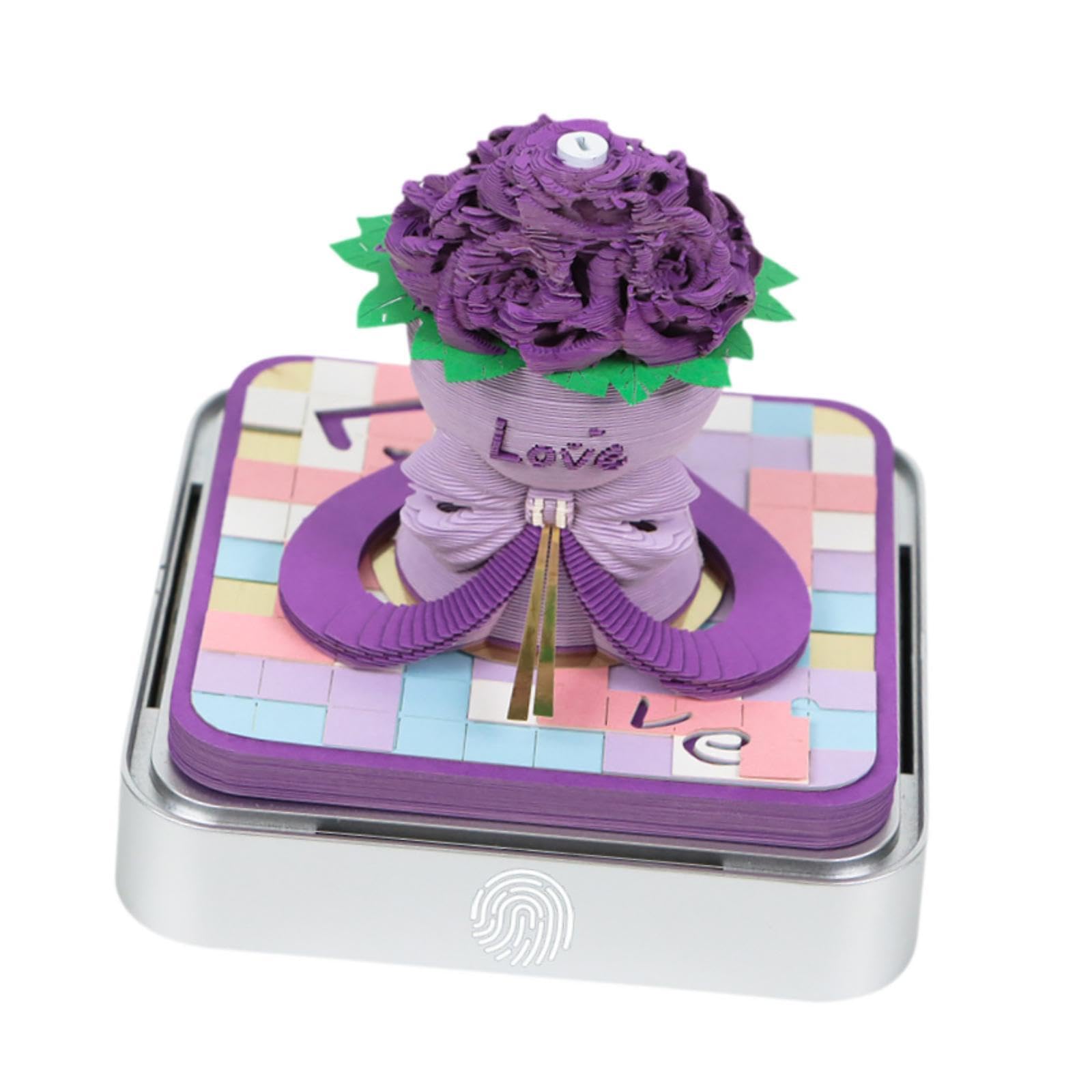 Bloc de notas 3D 2025, calendario diario de escritorio con escultura de papel de ramo de rosas con caja de exhibición acrílica, 3.8 x 3.8 x 3.35 pulgadas, color morado