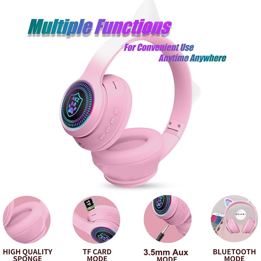Cat Ear Gaming Bluetooth 5.2 Kabellose Faltbare Kopfhörer mit LED-Licht, Stereo-Spiel Surround Sound Over-Ear Headsets mit Mikrofon AUX für PC, Pad, Handy, Laptop, Spiel, Kinder, Geschenk