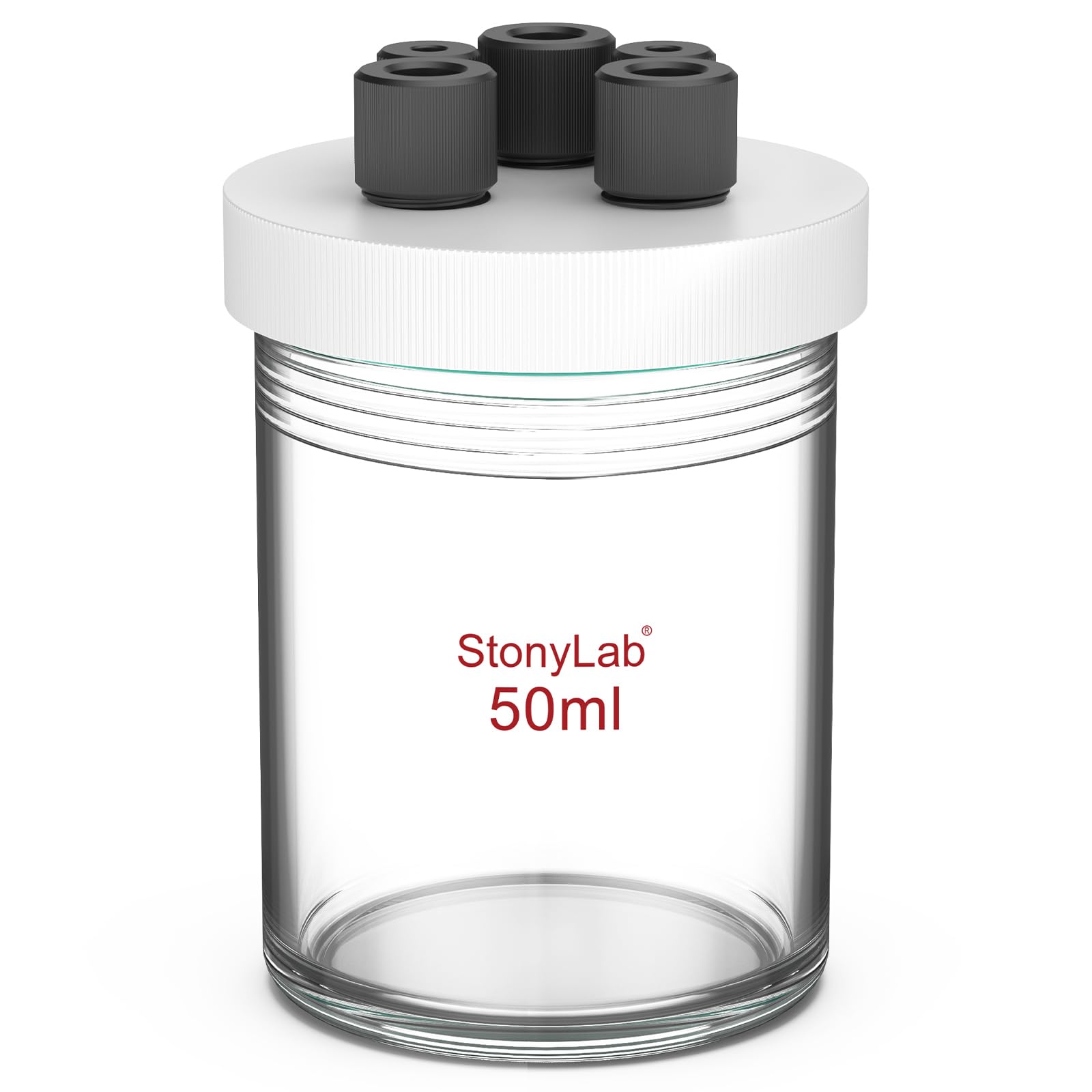 stonylab Single Chamber Electrolytic Cell, Borosilicate Glass Sealed Electrolytic Cell Electrochemical Cell Kit Reactor Electrolyzer with 5-Hole PTFE Lid, No Electrode Included, 50 ml