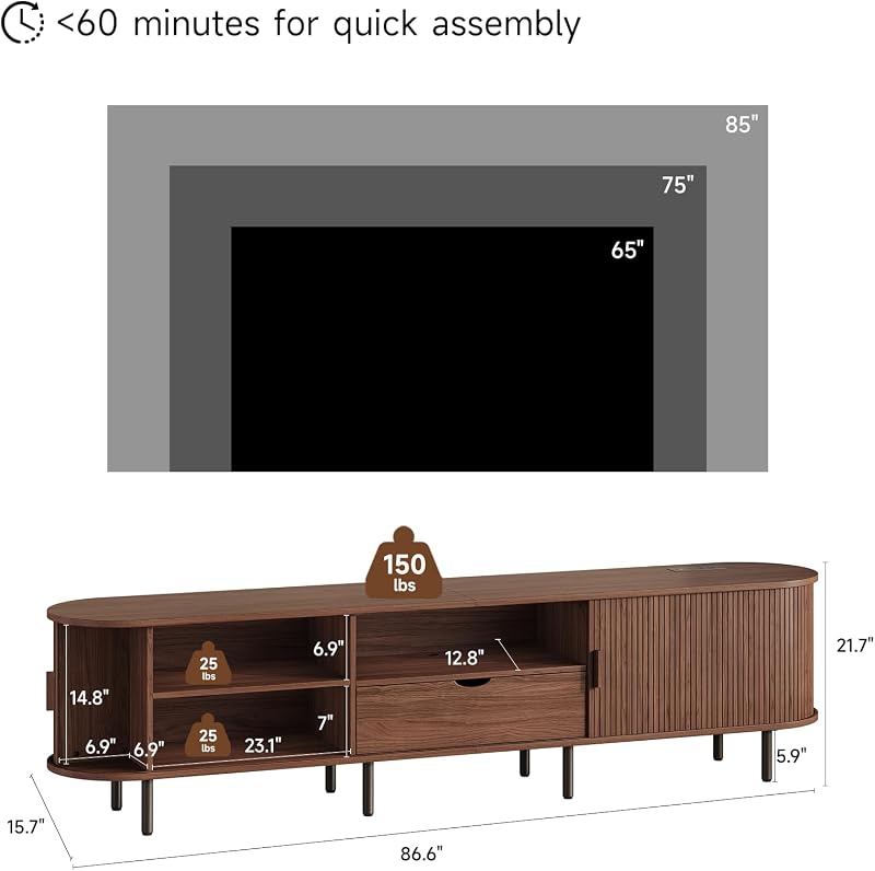 86.6" TV Stand with Power Outlet for TVs up to 90", Walnut Media Console image 2