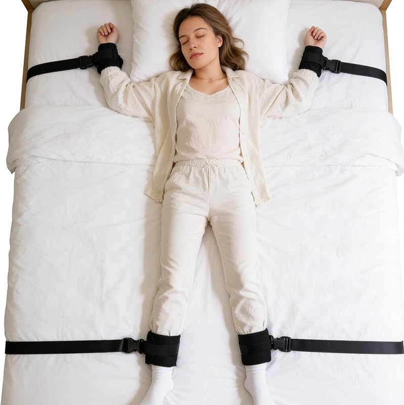 Patient Bed Restraints with Soft Wrist & Ankle Cuffs, Adjustable Arm and Leg Restraint Straps with Quick Release Buckle, Long Bed Ties for Headboard, Bed Rail or Under Bed Use (4 Pack)- Black Gray