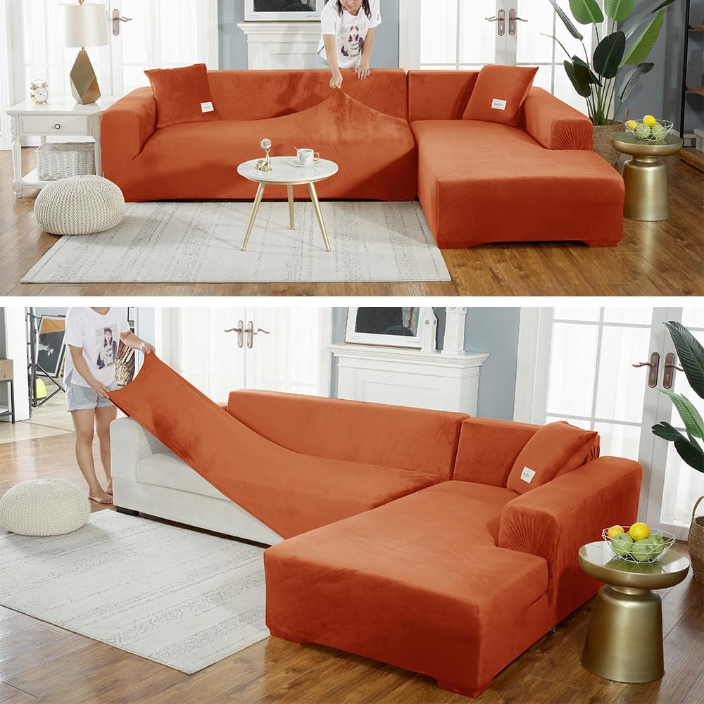 Velluto Fodere Copripoltrona 1 Posto / 2 3 4 Posti Copridivano Elasticizzato, Fodere Copridivani Tinta Unita, Fodere Copridivani Universale (4 posti,Arancione Scuro)