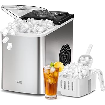 WIE Ice Cube Machine 15 kg Ice Cube Maker 9 Cubes in 6 Mins Ice Cube Machines with Portable Handle Silver Ice Cube Maker for Home/Kitchen/Office/Motorhome