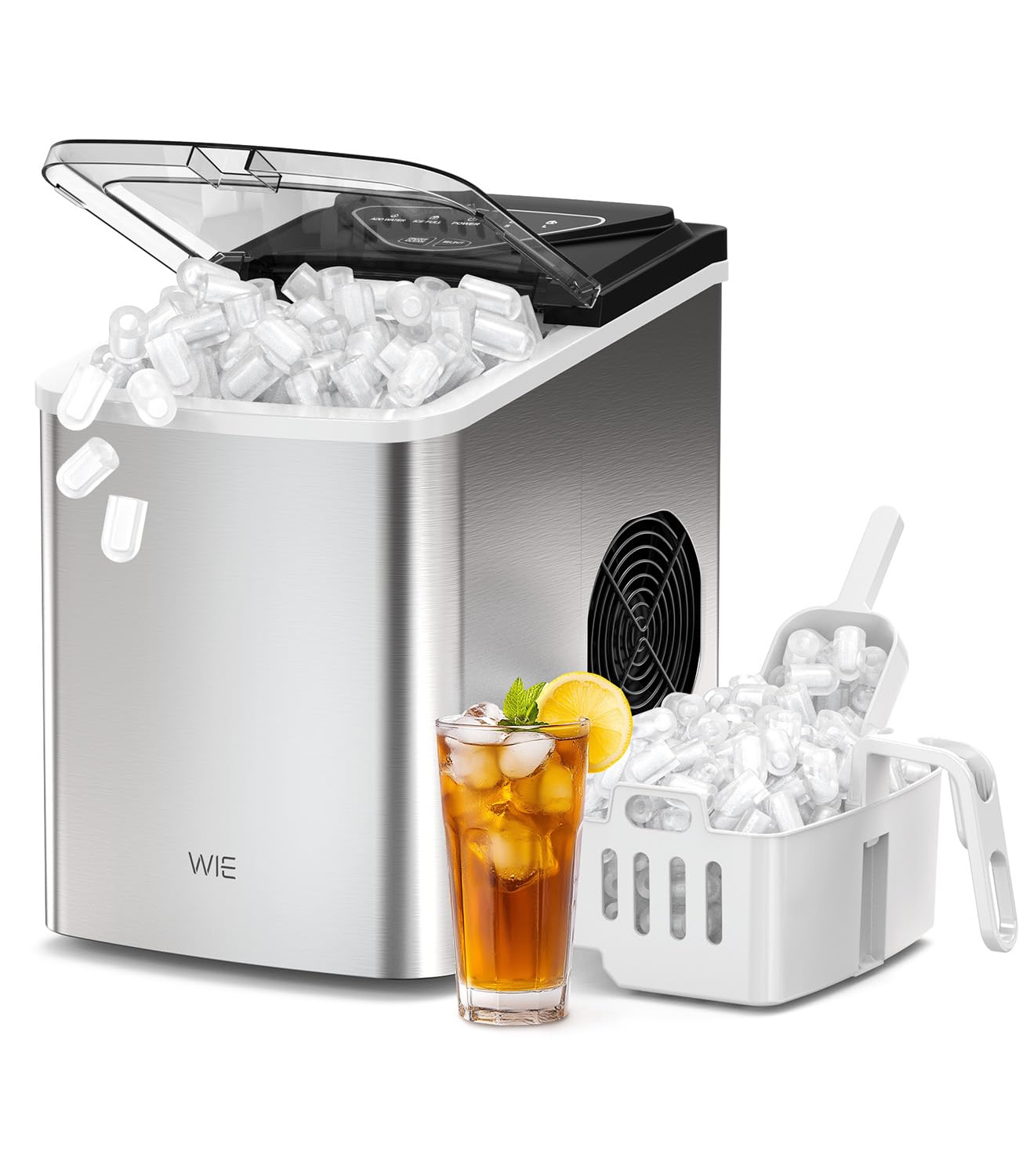 WIE Eiswürfelmaschine, 15KG Eiswürfelbereiter Ice Maker, 9 Würfel in 6 Min, Eiswürfelmaschinen mit Tragbarem Griff, Silber, Eiswürfelbereiter für Zuhause/Küche/Büro/Wohnmobil
