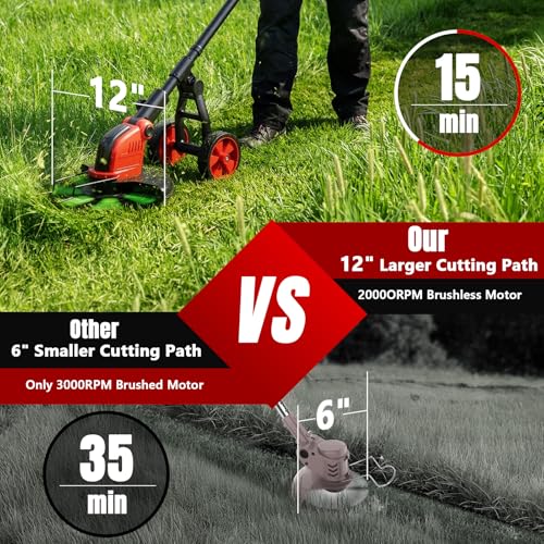 Image of 20000 RPM Electric Weed Wacker with Wheel,12″ Brushless Cordless Weed Eater Battery Powered, 4-in-1 Brush Cutter /String Trimmer /Grass Trimmer /Lawn Mower,Edger Stringless Weed Trimmer,5 Blade,2 Battery
