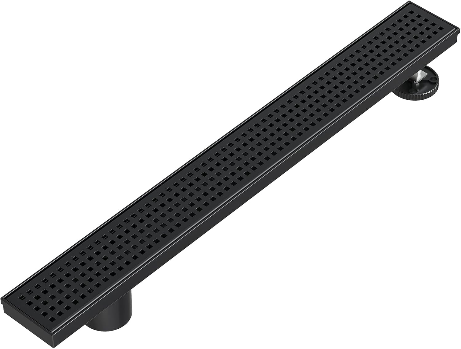 Neodrain 24-Inch Offset Side Outlet Linear Shower Drain with Quadrato Pattern Grate Cover, 304 Stainless Steel Rectangle Shower Floor Drain, with Leveling Foot, Hair Strainer Catcher, Matte Black Matte Black- Pattern Grate Cover 24 In