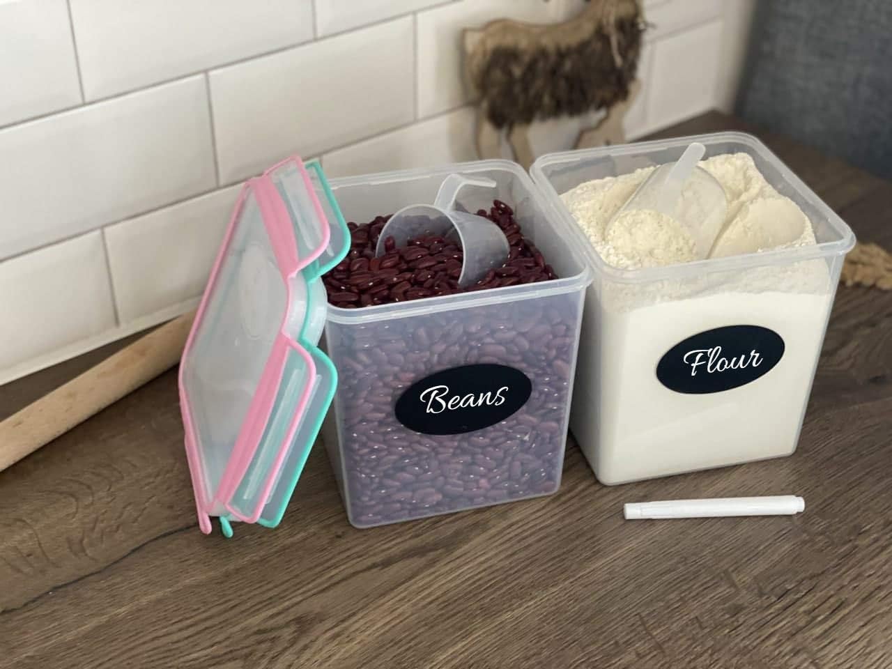 2 Large Airtight Food Storage Containers for Flour, Sugar 142oz - Kitchen Pantry Plastic Containers - Air Tight Canisters Set With Locking Lids - 4 Labels, Marker and 2 Measuring Cups(Pink,Aquamarine)