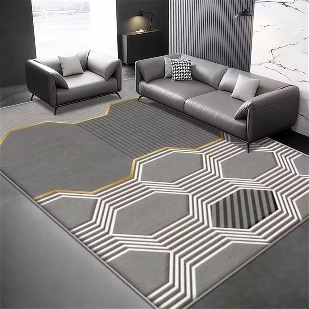 Tapis de salon gris à motif hexagone pour créer un coin jeu lavable