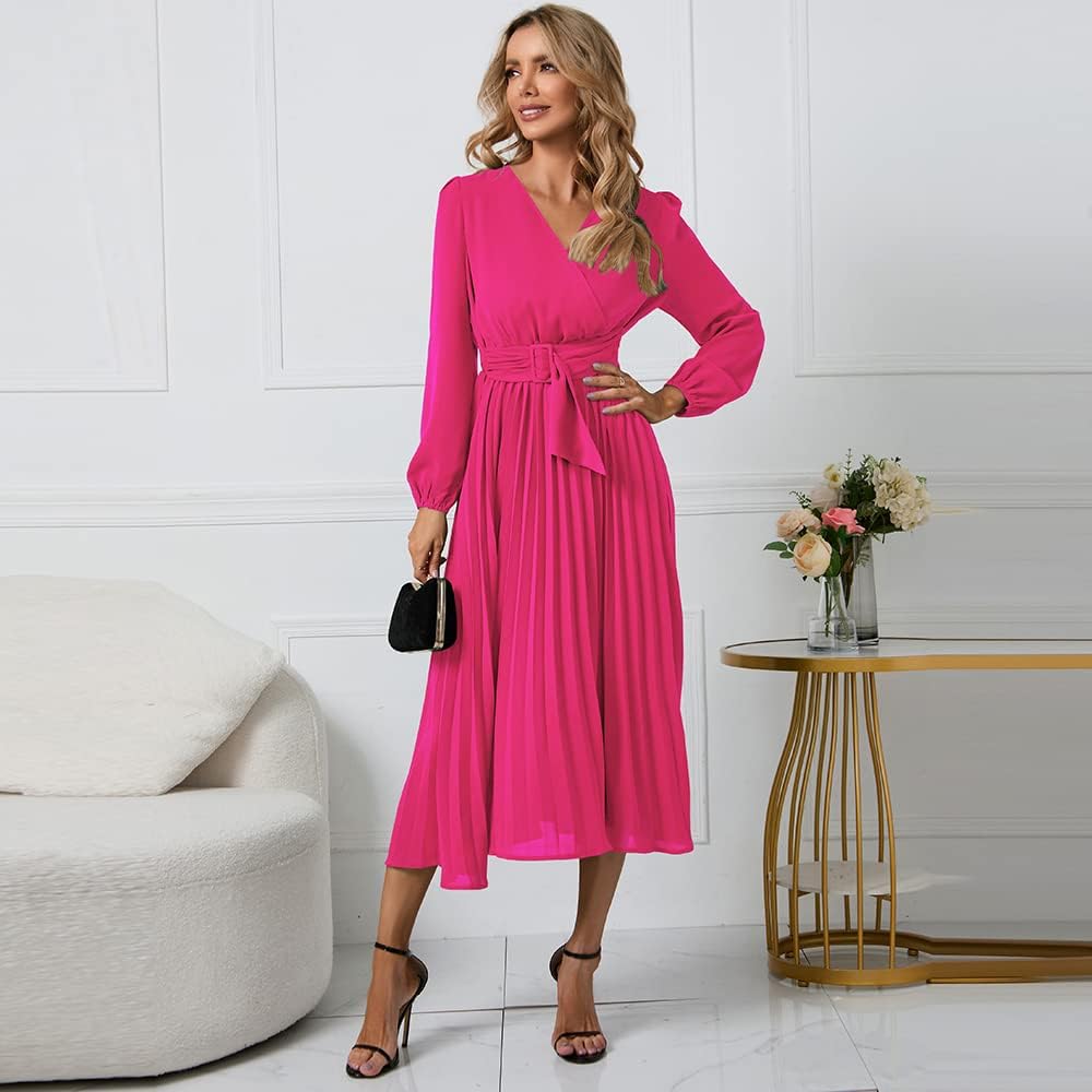 Plustrong Womens Wrap V Neck Flowy Maxi Dress Long Sleeve Pleated Cocktail Wedding Guest Dress - Image 4