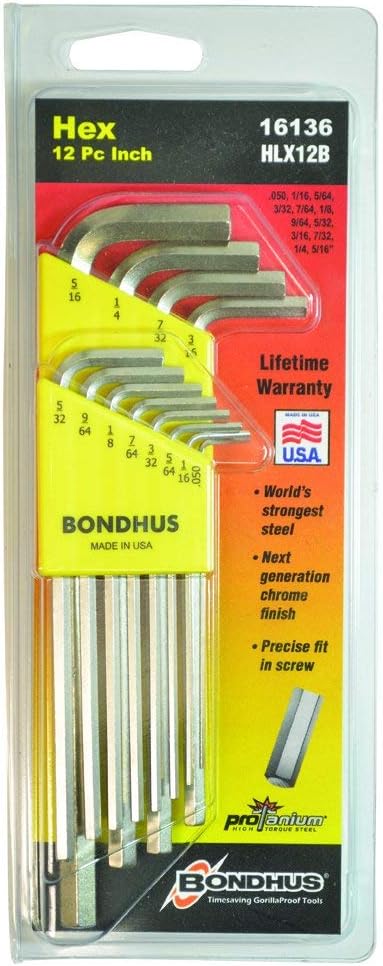 Bondhus 16136 Set of 12 Hex L-wrenches with BriteGuard Finish, Long Length, sizes .050-5/16-Inch