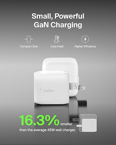 Miniatura 4 de Belkin Bloque de cargador USB C dual de 45 W, carga súper rápida PD3.0 con tecnología GaN - Samsung Galaxy S25, Apple iPhone 17, Air, Pro, Pro Max,