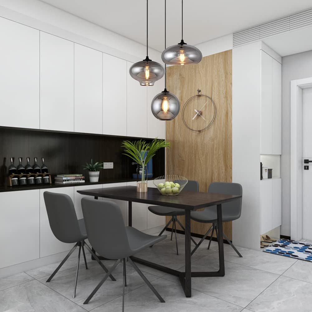 Cluster Pendant Lights 3 Lights Vintage Chandeliers Retro Flush Mount Ceiling Light Smoky Gray Glass Pendant Light Fixtures for Kitchen Island Dining Room Foyer Cafe Bar Restaurant