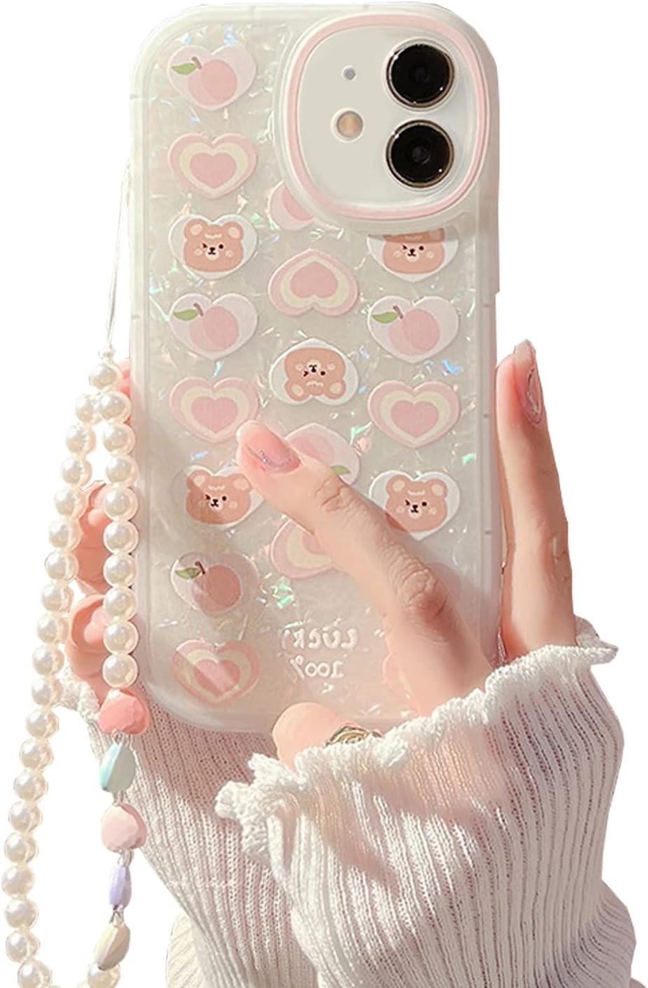 Fycyko Compatible with iPhone 11 Case Cover Cute Women,Bear Love Heart Pattern with Pearl Strap Bracelet Chain Sparkly 11 Phone Case Camera Protect