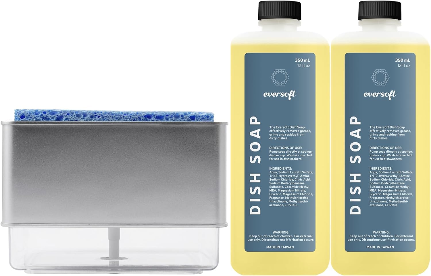 EZBRND Eversoft Countertop Dish Soap Dispenser with Sponge Holder 2 Refill Liquid Dish Soap Bundle