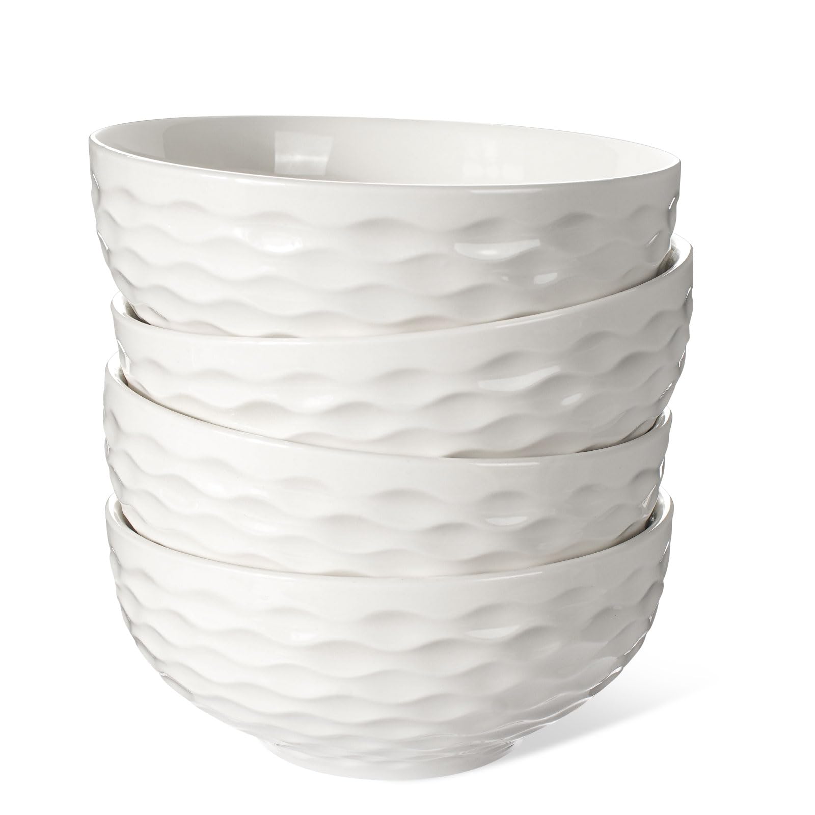 Artena Ceramic Cereal Bowls 26 oz, Embossment Soup Bowls Set of 4, White Salad Bowl for Kitchen, Dinner, Breakfast, Oatmeal, Rice, Pasta, Dishwasher