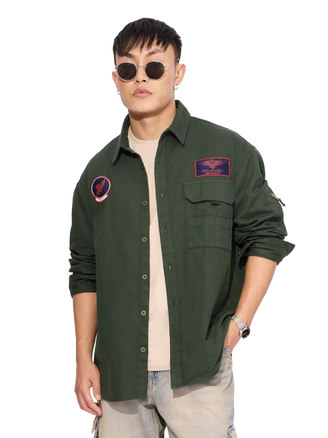 Official Top Gun: Flight Crew Men and Boys Long Sleeves Collared Neck Button Front Green Patch Embroidery Regular Fit Cotton Shirts