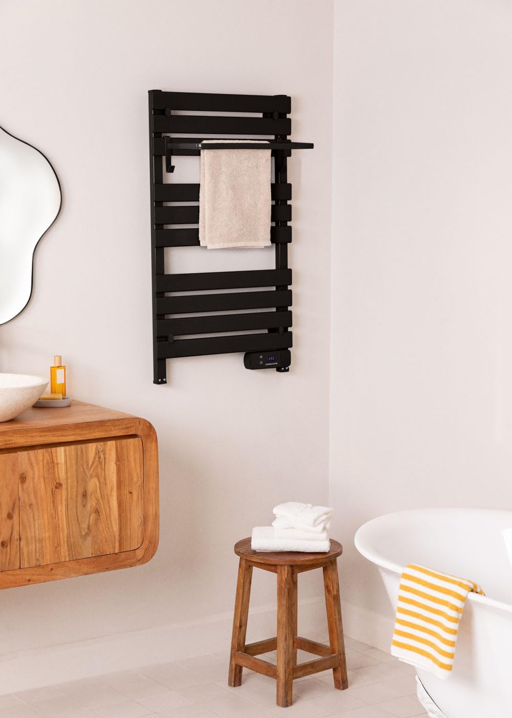 CREATE / Warm Towel 500W / Scaldasalviette Nero con ripiano / 96,9x5x55 cm/per Pavimento o Parete, Timer, Schermo LCD, Basso consumo, termostato.
