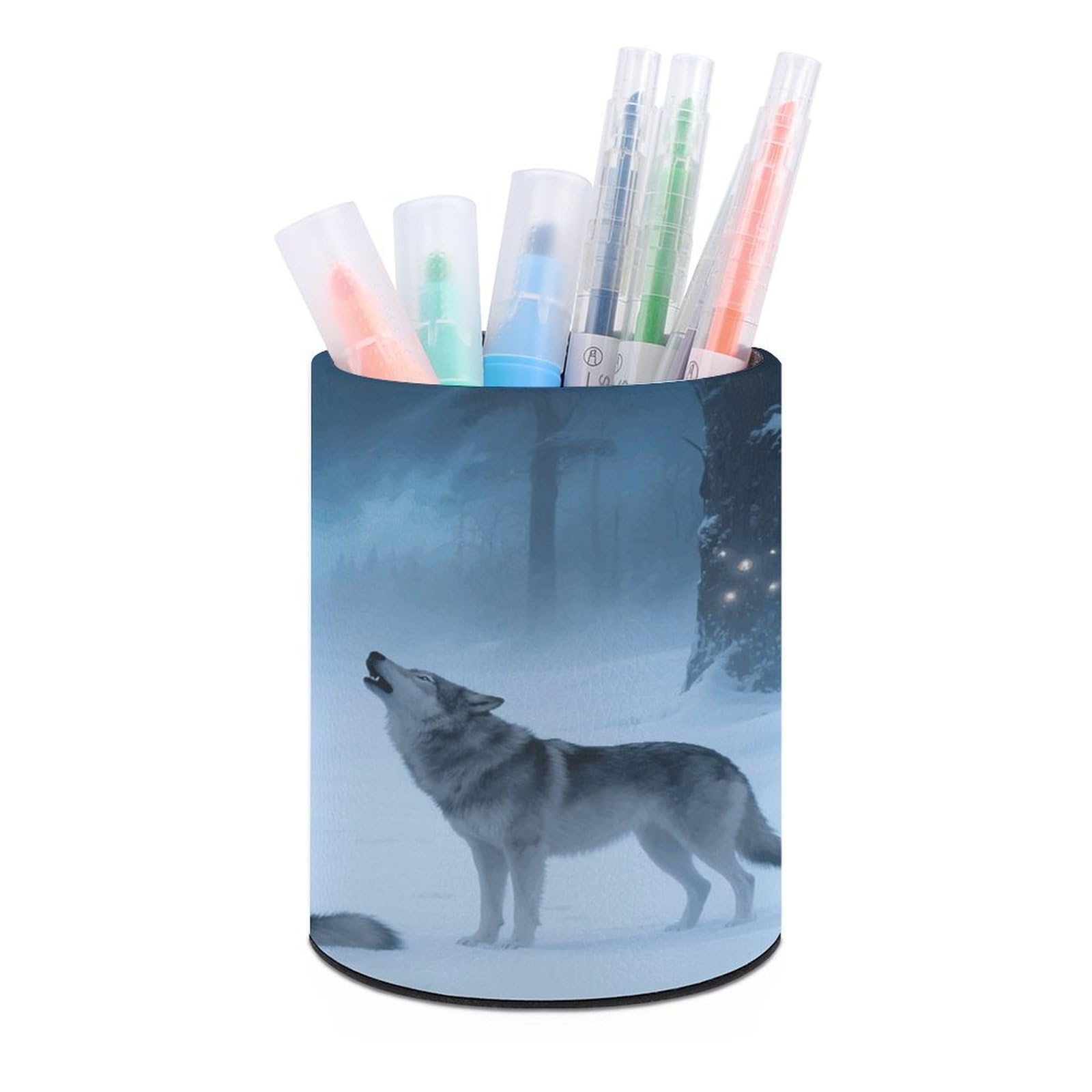 VstaDank Wolves Howl in Snowy Pen Holder Round Pencil Holder for Desk Organizer PU Leather Pencil Cup Makeup Brush Holders Modern Pen Cup Large Pen Organizer for Office Home Ideal Gift
