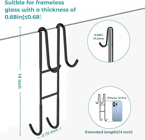 Vista 13 de Cerbonny Ganchos para puerta de ducha (10 pulgadas), paquete de 2 ganchos extendidos para toallas de baño, ganchos para puerta de vidrio sin marco