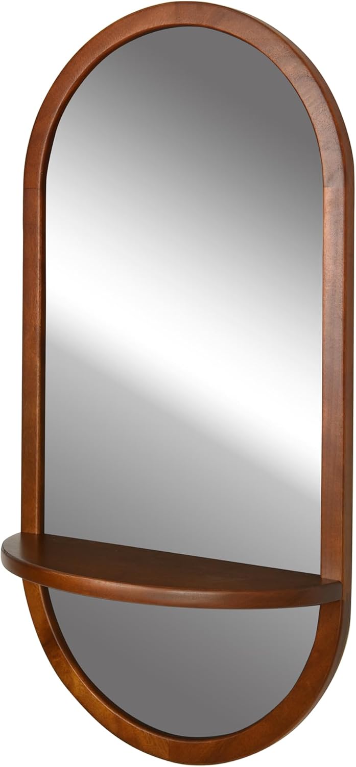 Tanmicoshomy Oval Bathroom Mirror with Removable Shelf, Wood Framed18x36 Inch Mirror with Tempered Glass for Bedroom Living Room or Entryway Decor(Brown)