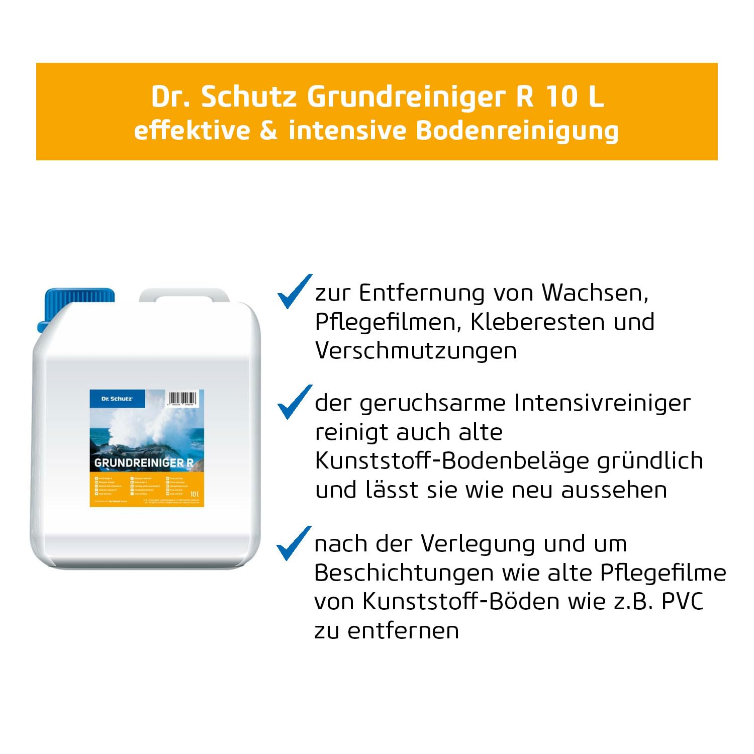 Dr. Schutz Grundreiniger R 10 L für elastische Bodenbeläge | Bodenreiniger für Vinyl, PVC, CV, Linoleum, Naturstein, Kunststein, Kautschuk | Kunststoffreiniger, WPC-Reiniger, Fliesenreiniger
