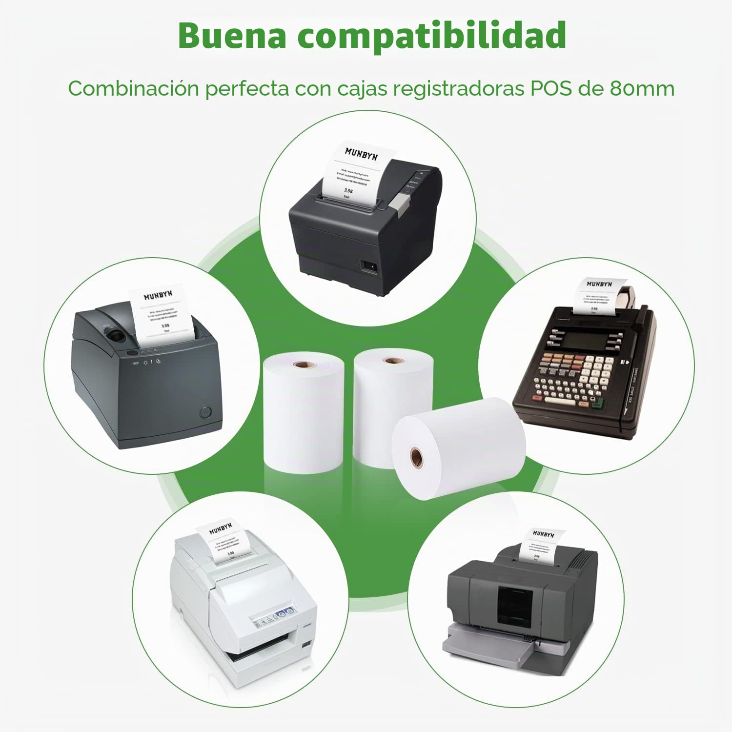 MUNBYN Rollos Papel Térmico 80 mm x 80 mm x 80 m, Rollo Termico de primera para Epson, NetumScan, impresora de recibos de 80 mm y registro POS cuadrado, libre de BPA y certificado FSC [10 Rollos]