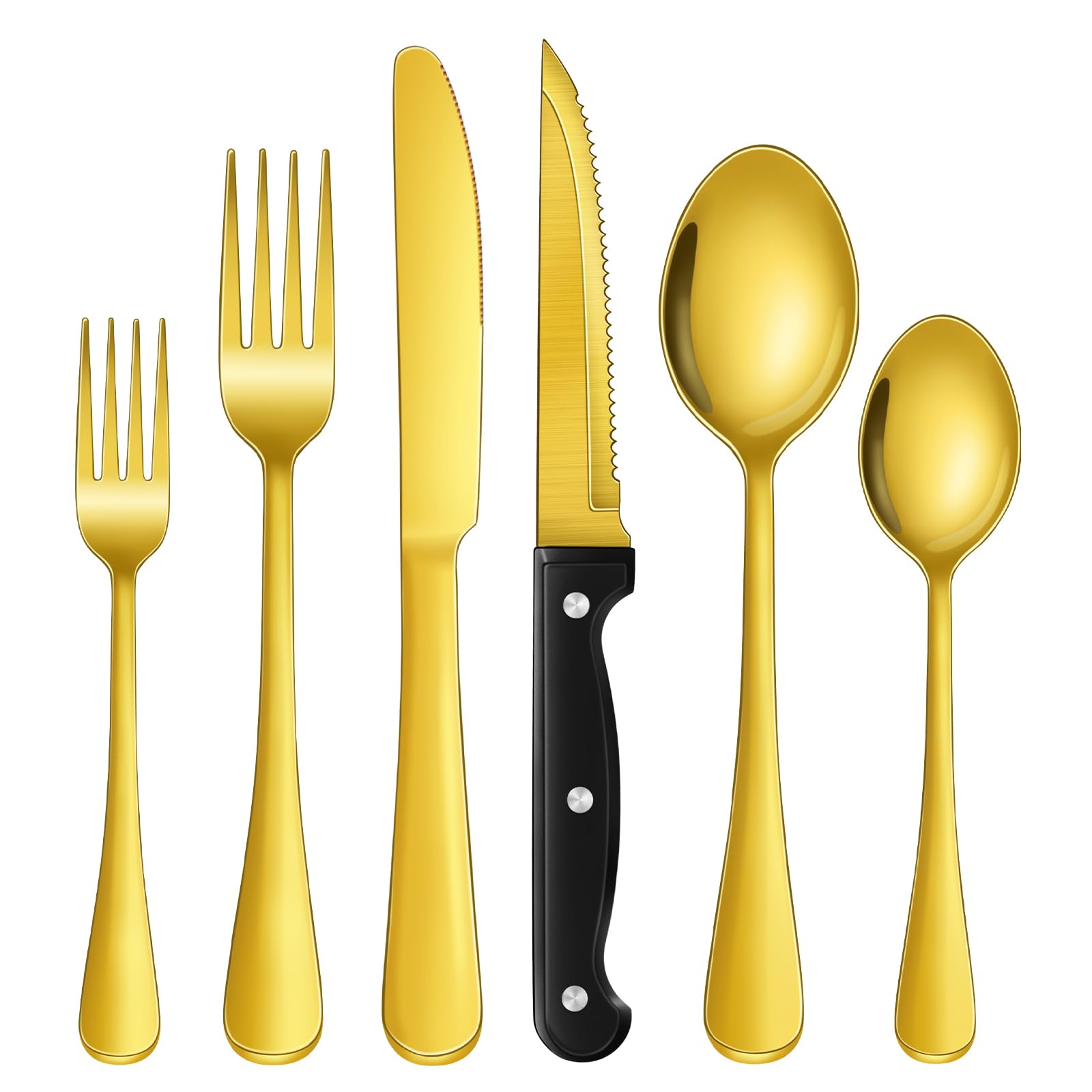 24-Piece Gold Silverware Set with Steak Knives Black Stainless Steel Flatware Set for 4 Food Grade Tableware Cutlery Set Rust-proof, Mirror Polished, Dishwasher Safe