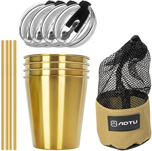 Juego de 4 tazas de acero inoxidable de alta calidad de 12 onzas con tapa y pajita, tazas de metal apilables y duraderas para beber cerveza y café