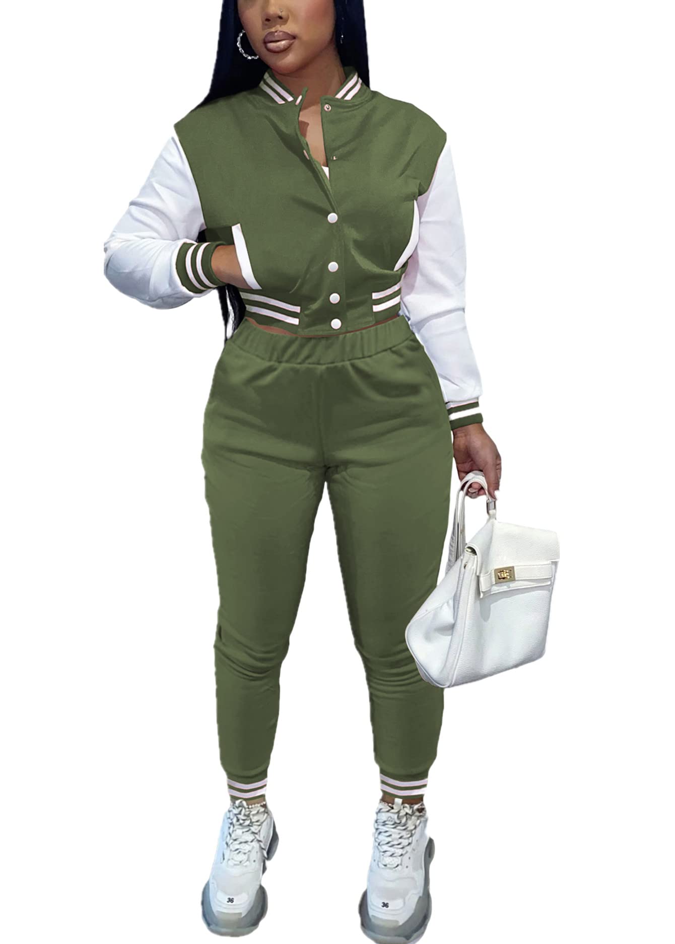 KELOVEPAN Dresy dla kobiet zestaw 2-częściowy patchworkowy dresy zapinane na guziki crop bomberka uniwersytecka kurtka spodnie zestaw seksowny