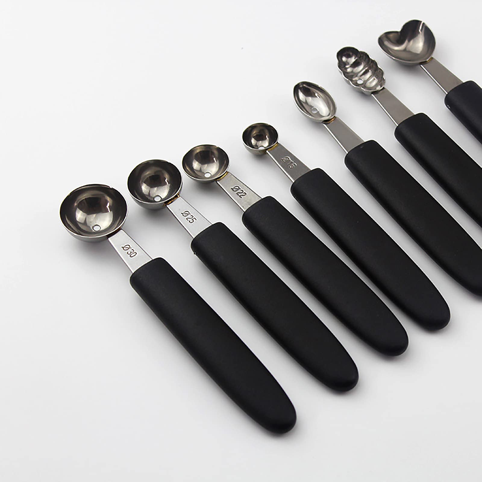 Set di 7 Palette per Scavino per Melone, Scavatrice per Scavino in Acciaio Inossidabile con Manico in Gomma Facile da Impugnare, Paletta per Gelato e Anguria, Gadget da Cucina per Tagliare la(Nero)