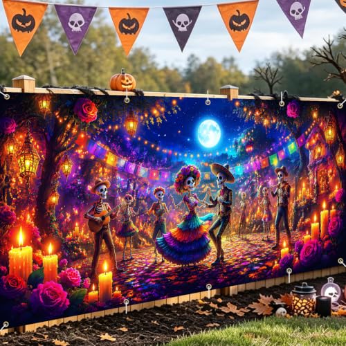 Image of Halloween Garage Door Decorations 7 x 16 ft, Skeleton Dance Cover