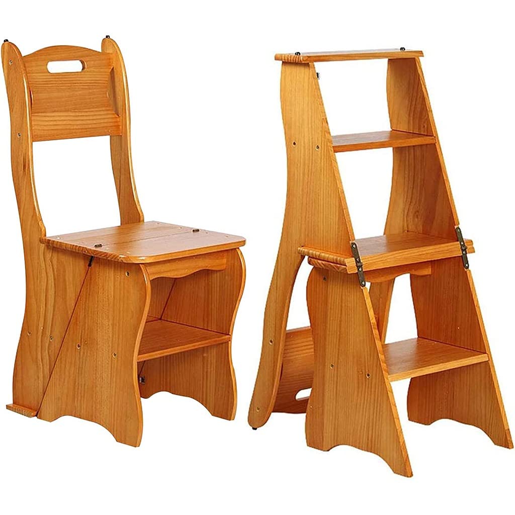 Wooden Folding Library Ladder Chair,2 in 1 Lightweight Portable Multifunctional Step Stool, 4-Step Stool Dual Purpose Stepladders, Display Stand and Flower Stand for Home(Light Walnut)