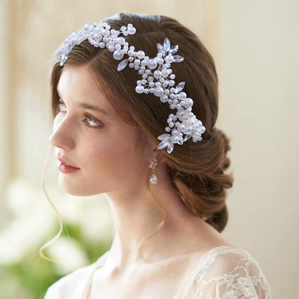 2 Pezzi Donna Accessori Acconciature Sposa Bianche Fascia Capelli Vite a Pelo Breve Cerchietti Damigelle - Gioielli per Testa Dorati Ragazza in Perle e Strass(40cm/15,7 Pollici)