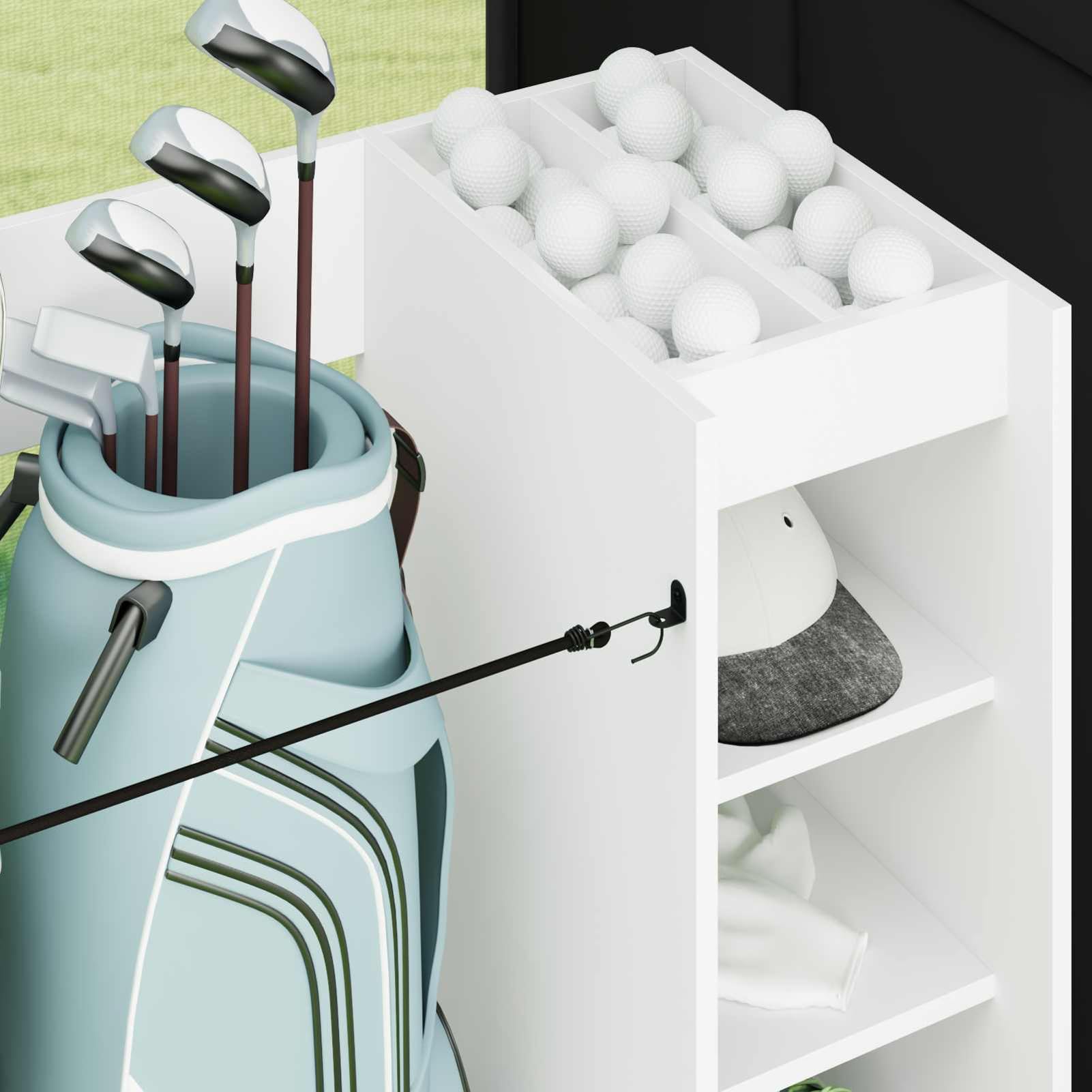 Gecheer Golf Schrank, Holz Schrank mit Rad 90 x 45 x 98 cm weiß, freistehende Regale, Metallrückwand, Stauraum für Garage, Haushalt, Golfzubehör