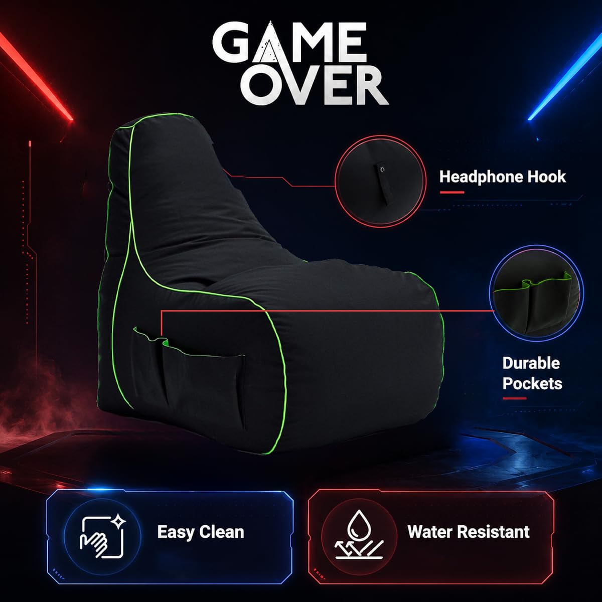 Game Over 8Bit Kinder Mini Videospiel Sitzsack für Videospiele | Wohnzimmer | Seitentaschen für Steuergeräte | Headset-Halter | Ergonomisches (Magischer Smaragd)