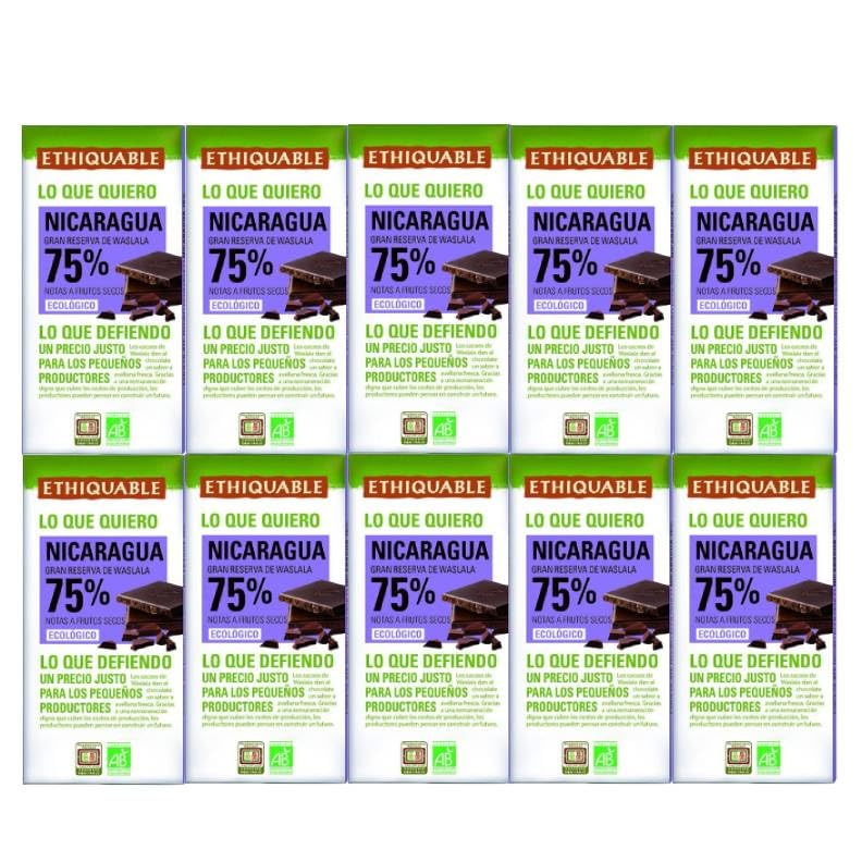 Pack 10x Chocolate Negro 75% Bio 100g | Ethiquable | Cacao de Nicaragua | Comercio Justo | Tabletas de Chocolate Ecológico | Vegano y Sin Gluten