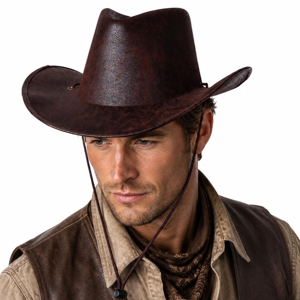 Wicked Costumes Adult Cowboy Hat Brown Aged Leather Look – Texan Western Fancy Dress Hat for Men & Women – Wild West Cowboy Costume Accessory — image 1