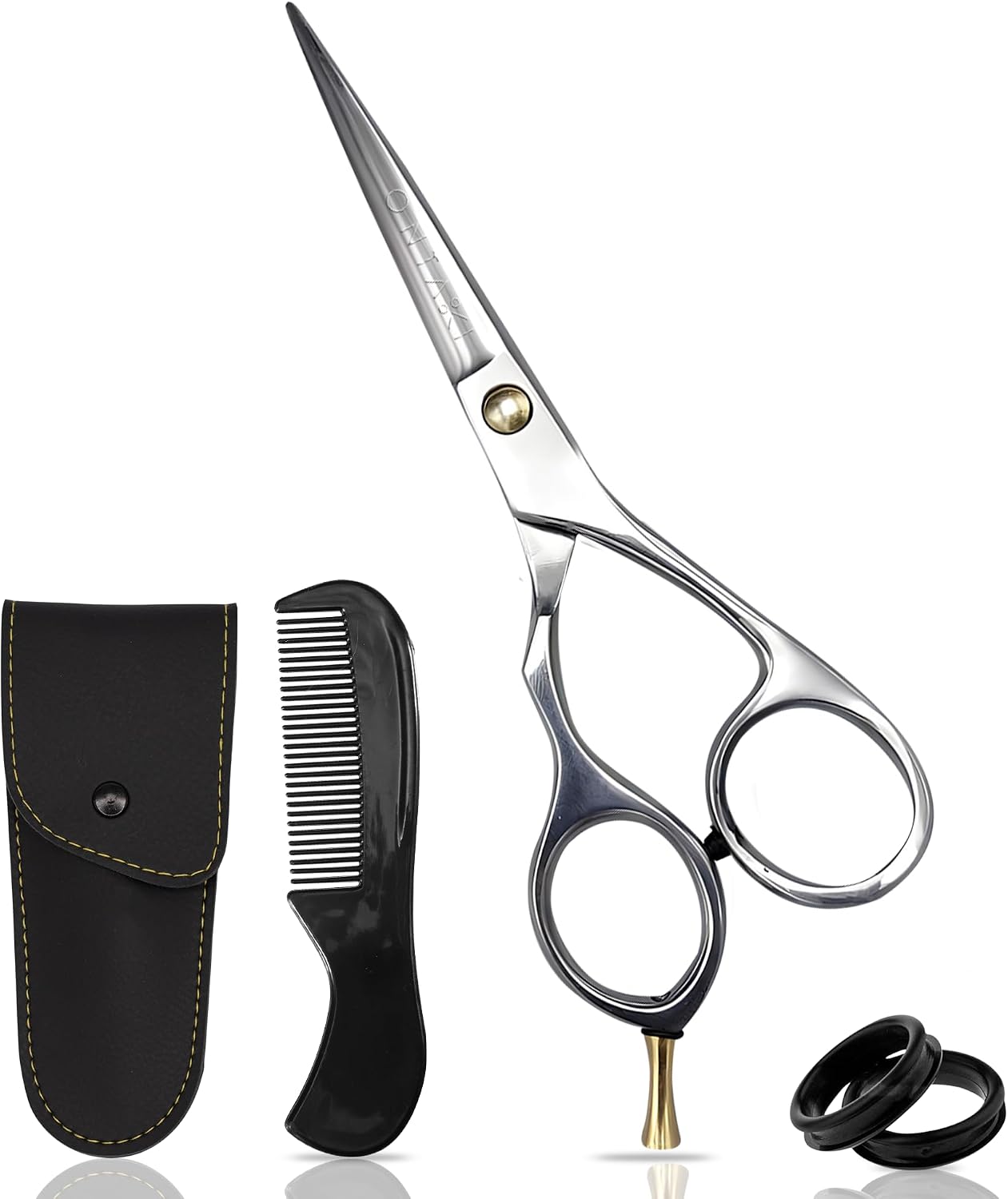 Ontaki Japanese Mustache & Beard Scissors - 5.5" 420C Steel Left Hand - Ergonomic Bent-Handle Hair Shears for Precision - Pro-Grade Blades for Barber Scissors - Beard Trimming Kit with Comb & Pouch
