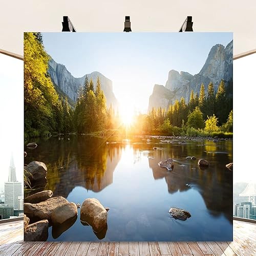 Miniatura 3 de AOFOTO Fondo de pantalla de vinilo de 10 x 10 pies, paisaje de montaña natural, paisaje de amanecer, paisaje de pino, río, parque natural, lago,