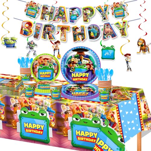 Lonvichtt 102Pcs Toy Story Birthday Decorations Complete Party Supply Kit Includes Tablecloth Disposable Plates Cups Cutlery Napkins Banners & Hanging Swirls for Boys Girls Kids Theme Party