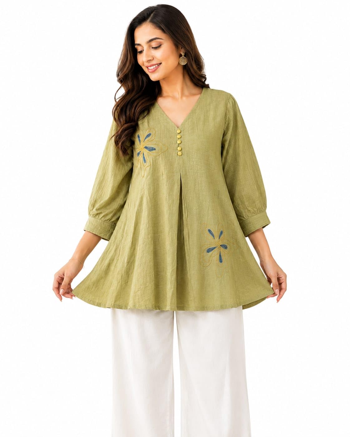 Women's Floral Embroidered V-Neck A-Line Cotton Blend Top-picture-23