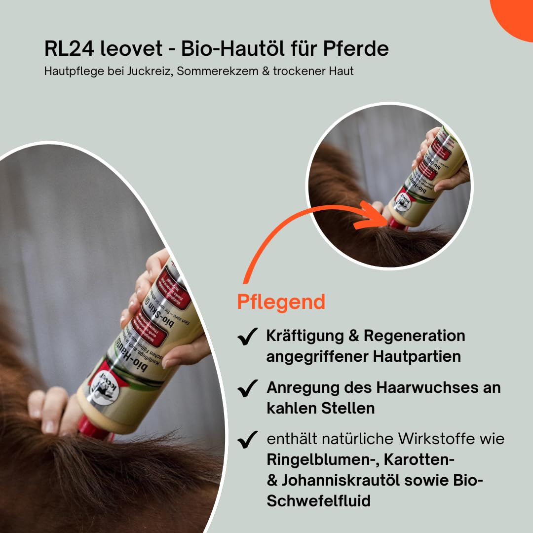 RL24 leovet - Bio-Hautöl für Pferde | Hautpflege bei Juckreiz, Sommerekzem & trockener Haut | Pflegelotion für Kräftigung der Haut | Hautlotion mit Bio-Schwefelfluid | 1 x 500 ml