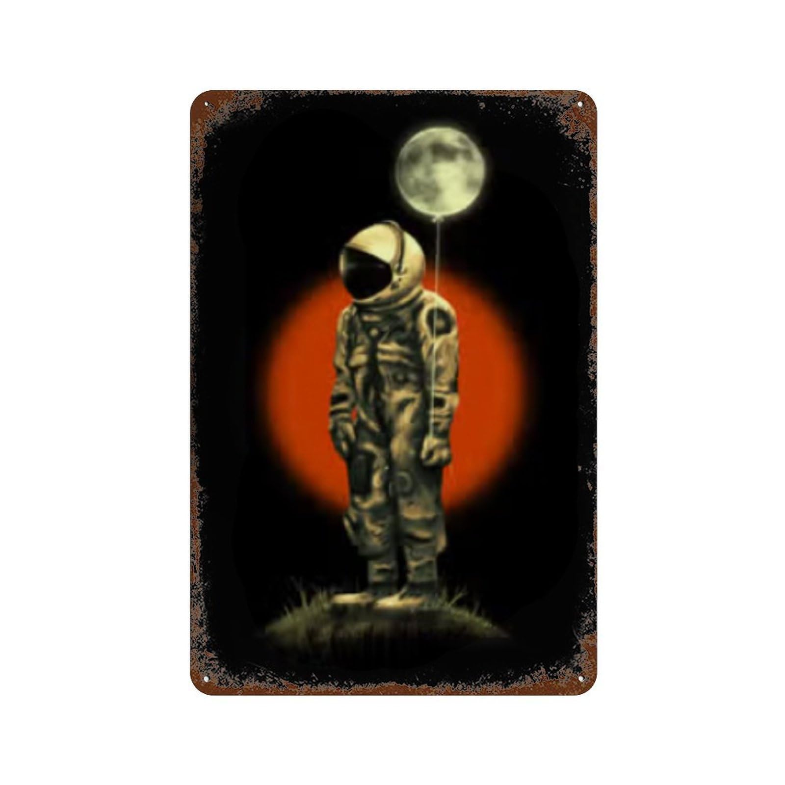 Rusty Metal Tin Sign with Astronaut Floating Moon Balloon Design 11.8"x7.9", for Farmhouse, Kitchen And Entryway Decor, Classic Wall Plaque