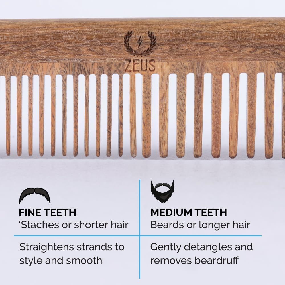 Peine para barba y bigote de sándalo con funda de cuero, peine largo hecho a mano con corte de sierra y antiestático (L31) 4