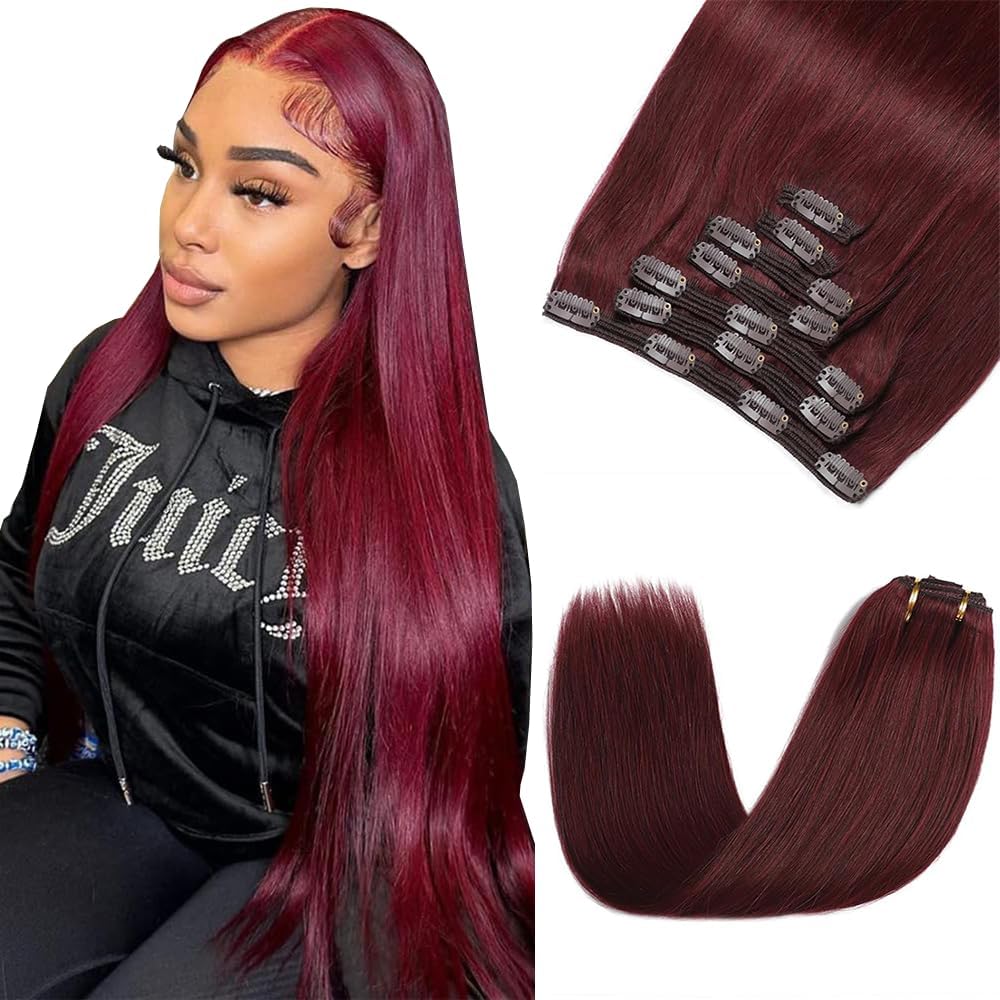 #99J Burgundy Clip in Hair Extensions - 22 Inch Real Remy Soft Wine Red Human Hair, 120g 7pcs,Burgundy Human Hair Extensions Clip ins for Women