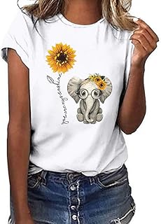 Luckycat Camisetas - de Mujer Manga Corta Girasol Elefante Impresión Blusa Basica Camiseta Suelto Casual Verano T Shirt Cuello Redondo Camisa Tops Mujer 2019 Verano Camisa de Fiesta Sexy Tops de Playa