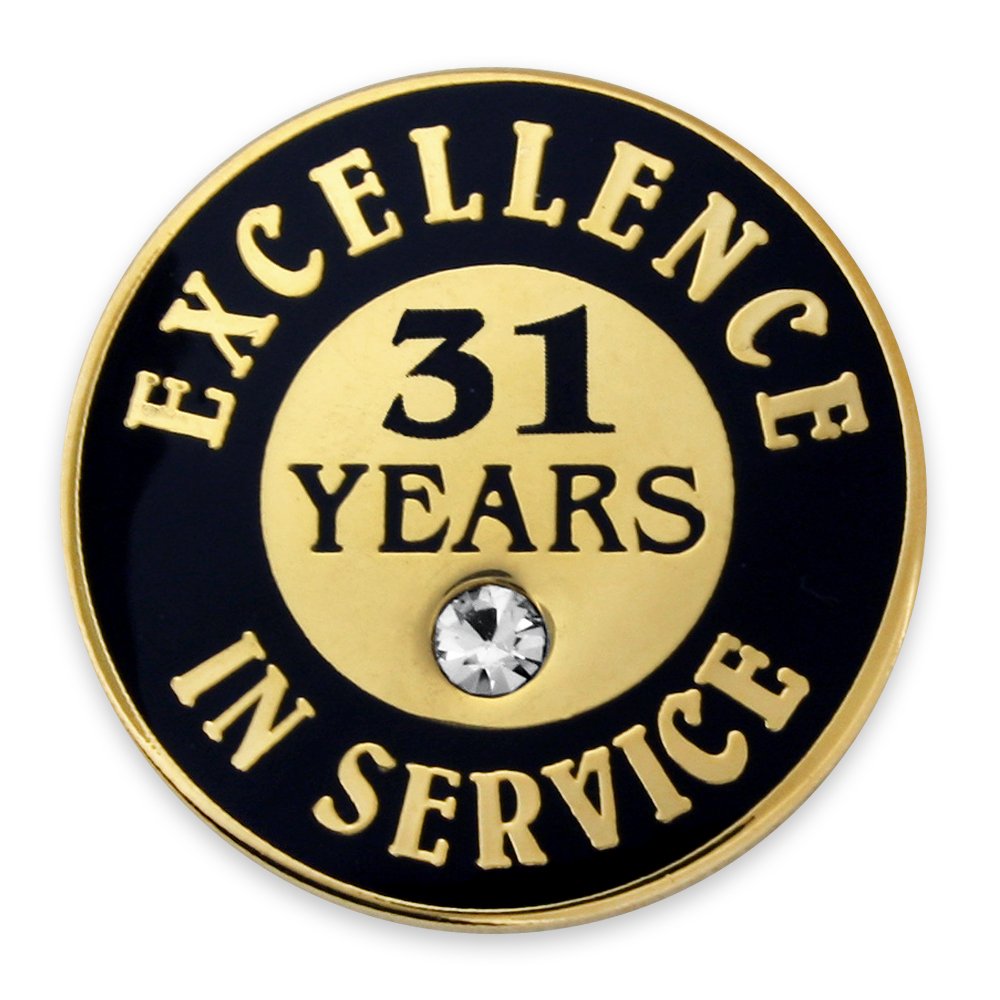 PinMart Gold Color Plated Excellence in Service Year Award Lapel Pin – Metal Enamel Workplace Reward Pin w/Rhinestone – 1-60 Years Pins for Long Standing Employees