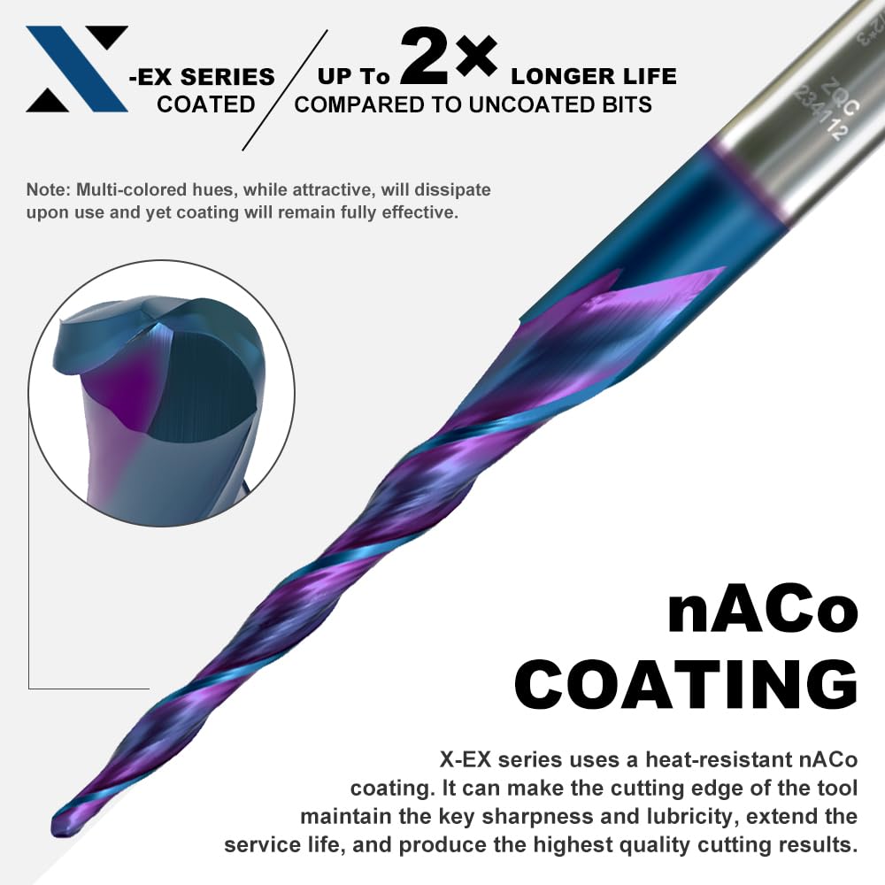 Spiral Tapered Ball Nose Spiral Router Bit for CNC, 4.2 Deg 1/32" Tip Dia, 2 Flute and 1-1/2 inch Cutting Length 1/4 inch Shank with NACO Coated Carbide End Mill for Wood 2D/3D Carving