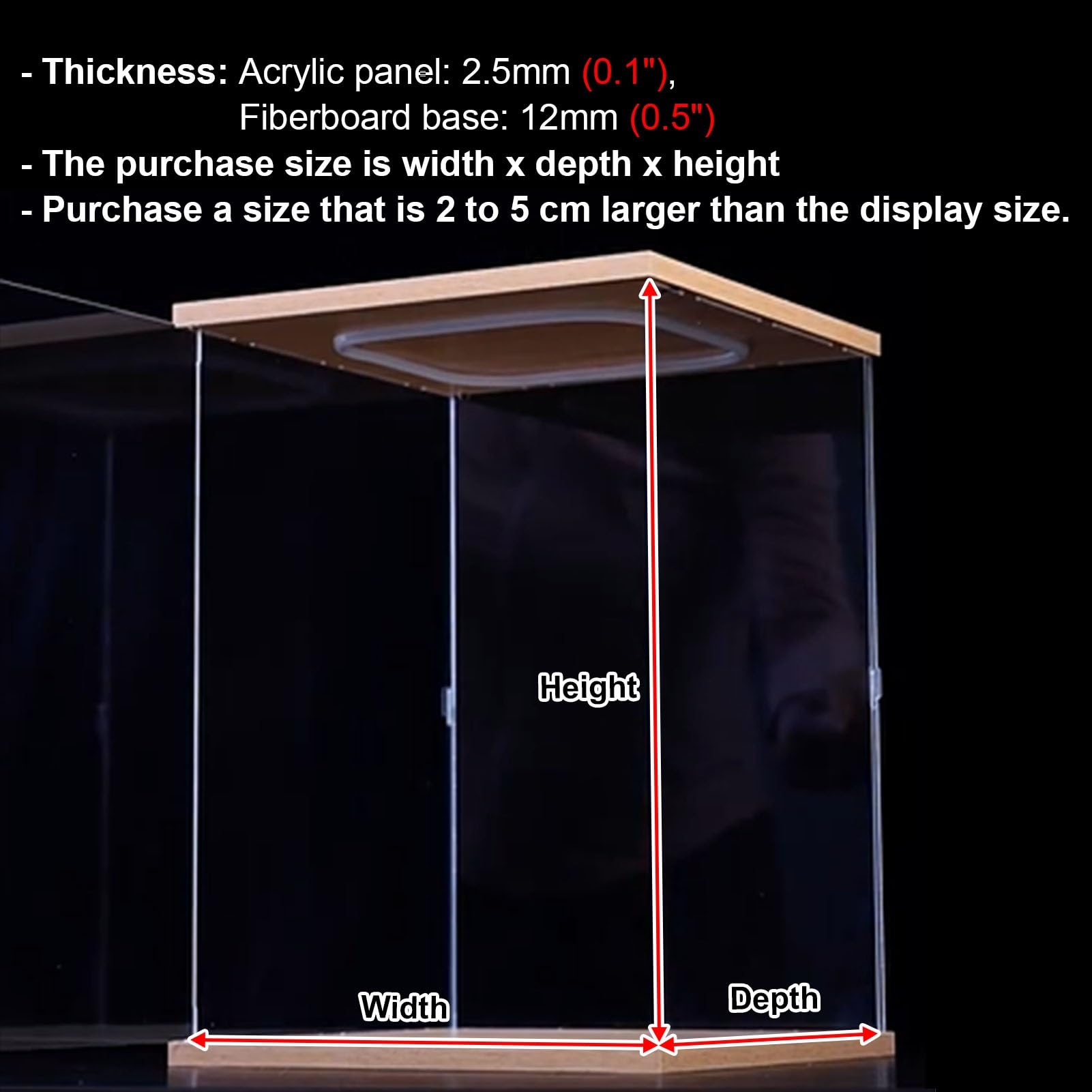 Vibeo Cajas de Metacrilato Montar Vitrina de Acrílico con Puerta y Luz, Caja de Acrílico con Acabado de Madera 20-60 cm, Vitrina Transparente Antipolvo para Figuras, Trofeos | 15x15x45cm/6x6x18in